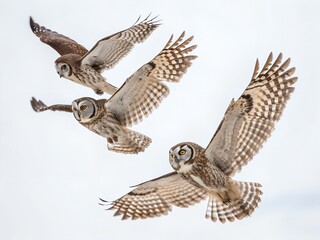 Fototapeta premium Flock of Boreal Owls Flying Isolated on White