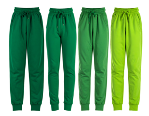 Four pairs of green sweatpants in varying shades, each with a drawstring and cuffs