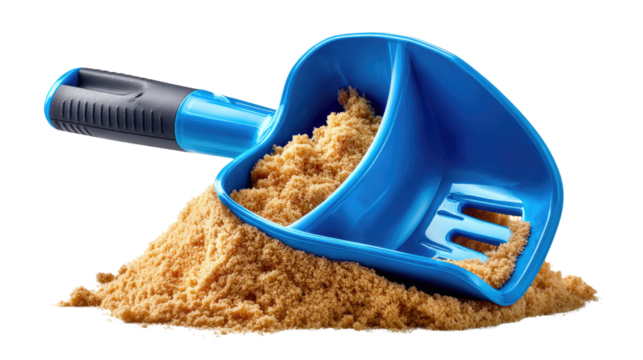 Beach play: a vibrant blue shovel filled with golden sand, creating a scene of simple joy and the boundless imagination of childhood