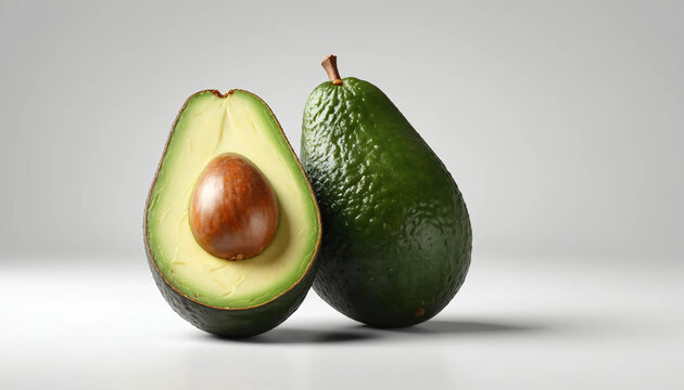 Avocat 3D r&eacute;aliste coup&eacute; en deux sur fond blanc, concept alimentaire sain et minimaliste