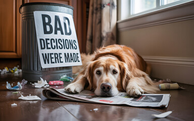 Sad Golden Retriever Dog Lying on Newspaper Near Trash Can with Messy Floor in Room