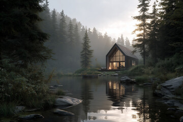 Fototapeta premium Nietypowy nowoczesny dom nad jeziorem – awangardowa architektura, futurystyczne formy i minimalistyczny design harmonijnie wpisane w nadwodny krajobraz