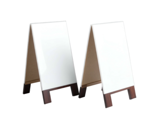 Two wooden sandwich board-style signs with white blank surfaces for text or images
