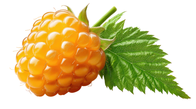 Golden Raspberry with Leaf: A close-up shot features a vibrant golden raspberry, accompanied by a green leaf, showcasing the delicate texture and refreshing appeal of this juicy fruit.