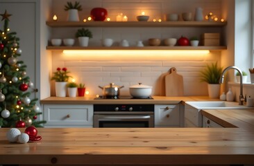 Empty table in the kitchen for presentation. Christmas decor. High quality photo