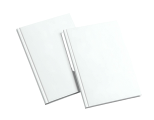 Two blank, white books presented against a stark black background, one slightly angled