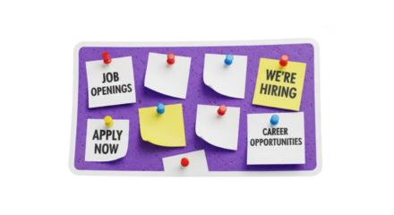 Job opportunity notes on purple bulletin board with pushpins isolated on transparent background