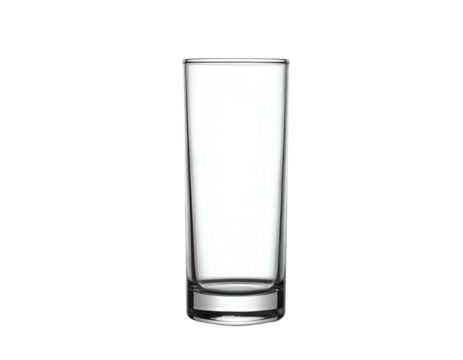 Isolated, tall, transparent drinking glass, clean design, on a solid black background