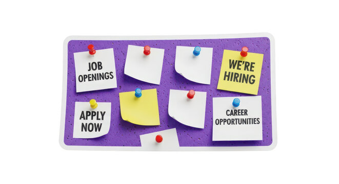 Job opportunity notes on purple bulletin board with pushpins isolated on transparent background