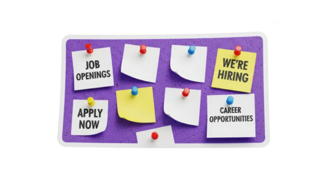 Job opportunity notes on purple bulletin board with pushpins isolated on transparent background