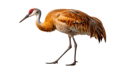 Obraz premium Majestic Crane in Profile: A solitary crane, known for its grace and long legs, strides purposefully against a clean backdrop, showcasing its elegant form and striking features.