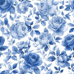 Obraz premium Seamless pattern with blue watercolor roses and leaves on white background