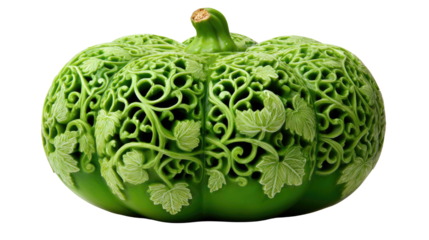 Intricate pumpkin artistry: A meticulously crafted pumpkin displays an elaborate lattice design, its surface adorned with intricately carved leaf patterns, showcasing the artistry of a master carver.