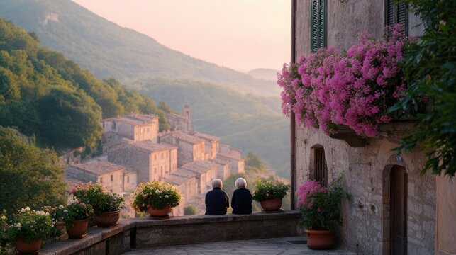 Elderly couple sitting together overlooking scenic mountain village at sunset