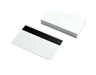 Close-up shot of a stack of white cards and a single card with a magnetic stripe