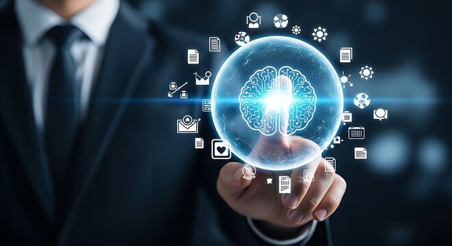 Businessman interacting with futuristic digital brain interface and technology icons