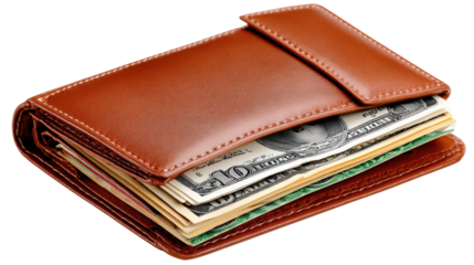 Wallet of Fortune: A luxurious brown leather wallet, overflowing with crisp currency, symbolizes financial abundance and the rewards of shrewd financial management.
