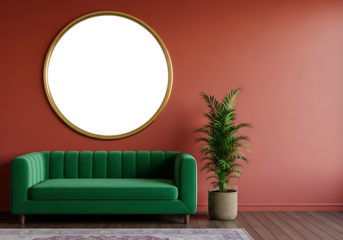 Green velvet sofa under gold round frame with plant on red wall, bold and chic modern interior