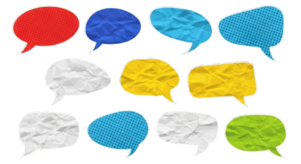 speech bubbles cut out of crumpled paper elements set. Dotted modern retro urban magazine style pop art dialogue balloons. Social media clip art