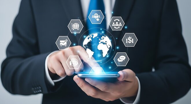 Businessman interacts with futuristic digital globe and interconnected business icons on a smartphone