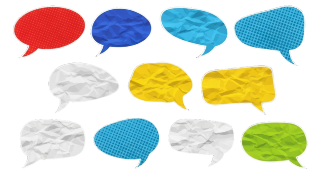 speech bubbles cut out of crumpled paper elements set. Dotted modern retro urban magazine style pop art dialogue balloons. Social media clip art