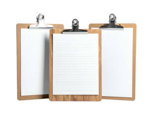Three wooden clipboards, two with blank white paper and one with lined, arranged closely