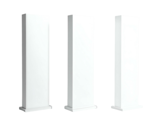 Three blank white pillars, vertically aligned, viewed on a black background