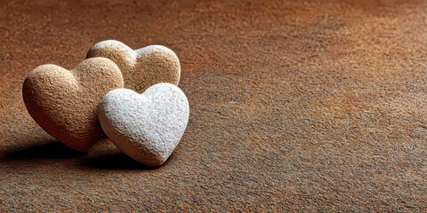 Obraz premium Group of Three Textured Pastel Hearts on a Warm Brown Textured Background