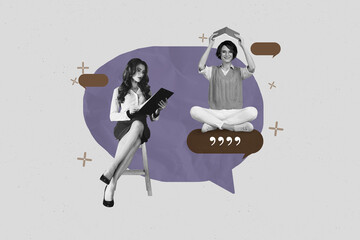 Image poster collage of people stand sit read clipboard with textbox on grey background