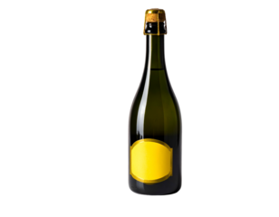 A champagne bottle on a black background with a yellow label and a cork