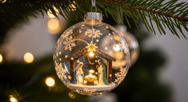 Nativity scene inside a clear Christmas ornament hanging on a tree branch. Holiday decoration for Christmas and winter season.