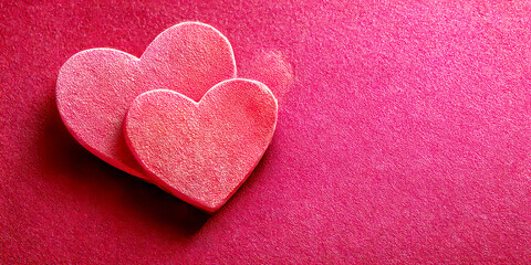 Fototapeta premium Two Pink Felt Hearts on a Fuchsia Textured Background for Romantic Design