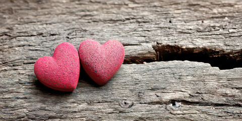 Obraz premium Two Pink Textured Hearts Resting on Rustic Weathered Gray Wood Surface