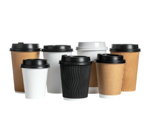 Group of various disposable cups with lids, arranged against a plain black backdrop