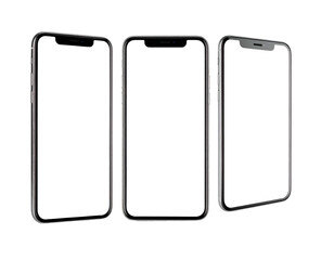 Rendered image features three mobile devices set against a blank background