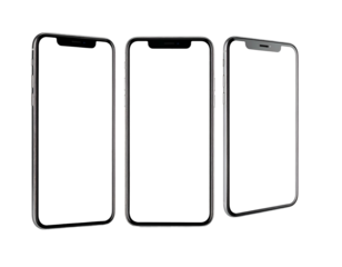 Rendered image features three mobile devices set against a blank background