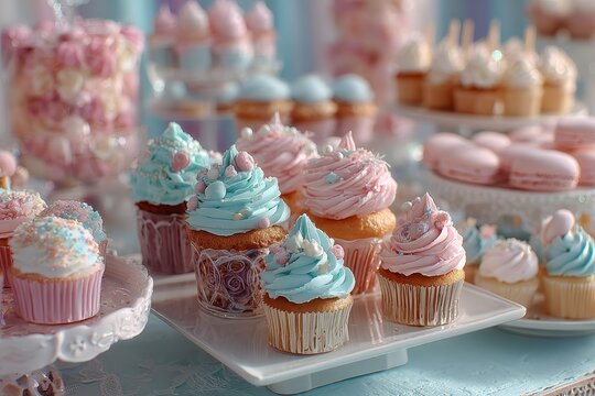 Delicious pastel cupcakes and treats are displayed on tiered stands for partygoers to enjoy during the special occasion