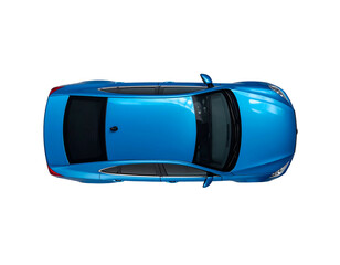 Overhead view of a blue, modern passenger vehicle, parked on a stark, black background