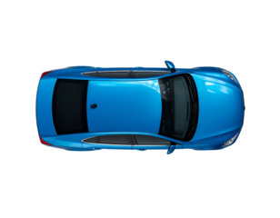 Overhead view of a blue, modern passenger vehicle, parked on a stark, black background