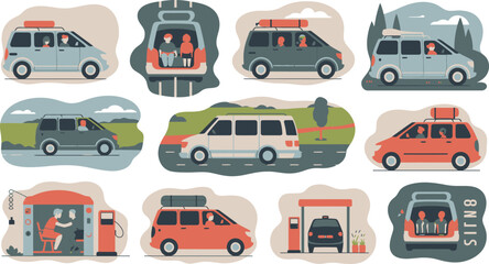 Naklejka premium Illustration of Vans and Travel Scenes Depicting People in Various Activities and Settings