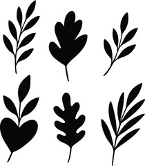 Collection of six clean black leaf silhouettes in simple vector style, perfect for botanical, eco, nature, or decorative design projects.