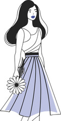Stylish woman in pleated skirt with a daisy, modern line art illustration reflecting grace and natural beauty