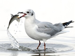 Fototapeta premium Bonaparte’s Gull Catching Fish Isolated on White