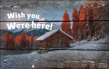 A vintage-style postcard Merry Christmas, Happy New Year with a horizon message "Wish You Were Here"