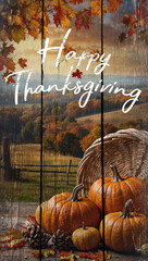 A Vintage autumn pumpkin leaf and fruit on wood texture background with a message "happy thanksgiving"