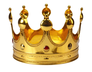 Shiny gold coronation headwear with red gemstones, ornate design, and detailed embellishments