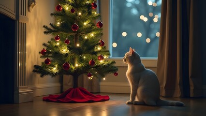 The cat sits by the Christmas tree. High quality photo