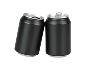 Two black aluminum beverage cans, one tilted, isolated on a black background