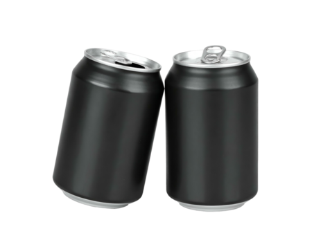Two black aluminum beverage cans, one tilted, isolated on a black background