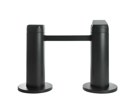 A black crowd control barrier featuring two posts with a retractable black belt